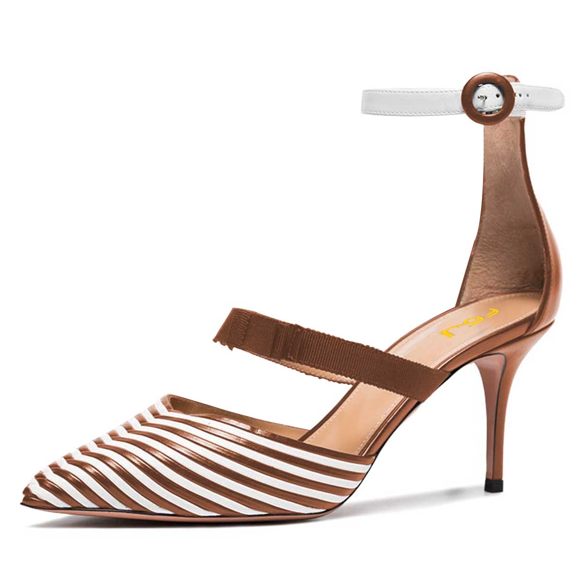 Brown & White Striped Stiletto Heel Pumps Shoes with Pointed Toe Nicepairs