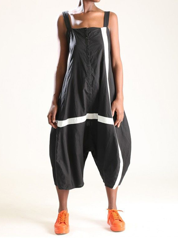 Contrast Stripe Strap Single Row Button Loose Jumspuit