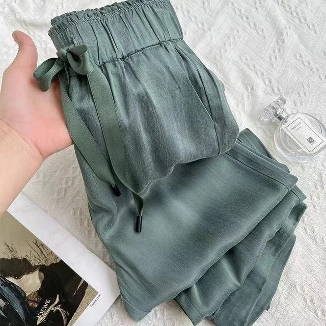 Summer Thin Wide Leg Pants Draping High Waist Drawstring Casual Loose Straight Leg Pants Ice Silk Loose Trousers