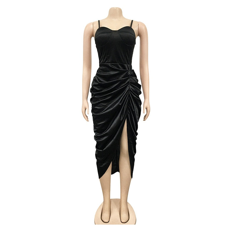 Llyge New Fashion Drape Details Stain Dress Vintage Women Spagetti Straps High Slit Ruched Party Club Dress Sleep Wears llyge