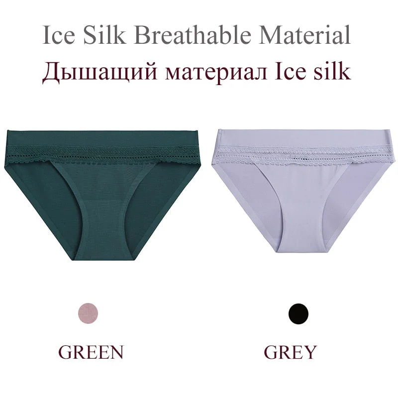 FINETOO 2PCS/Set Woman Lace Sexy Panties Ice Silk Women Underwear Seamless Low-Rise Lingerie Female Breathable Girls Panty 2021
