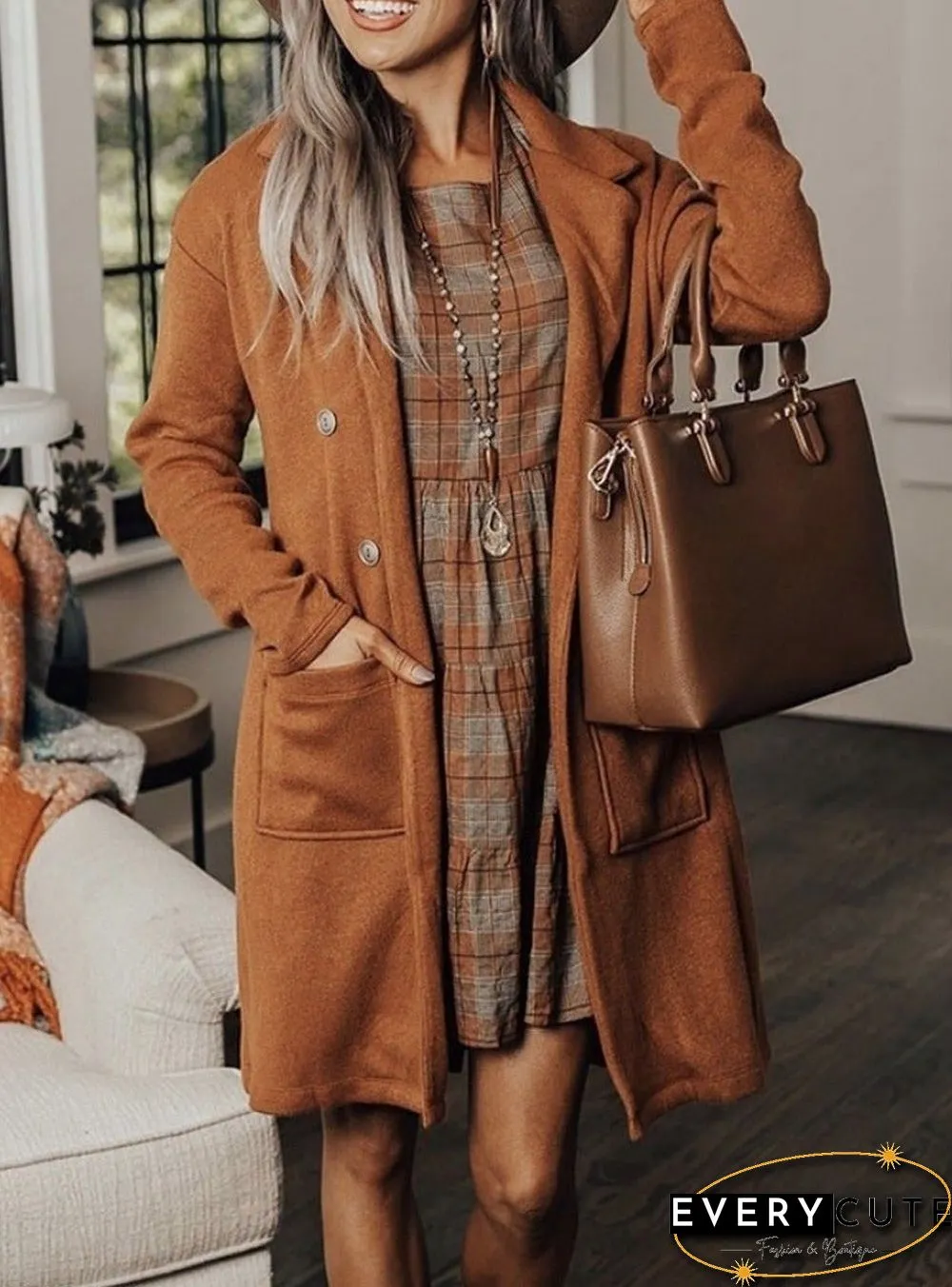 Casual Solid Color Pocket Coat Women
