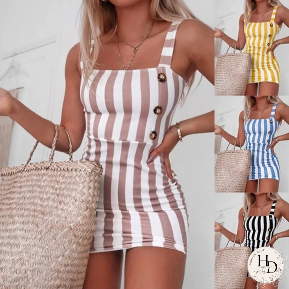 NEW Fashion Women Vintage Vertical Striped Mini Sexy Button Cami Spring and Summer Dresses