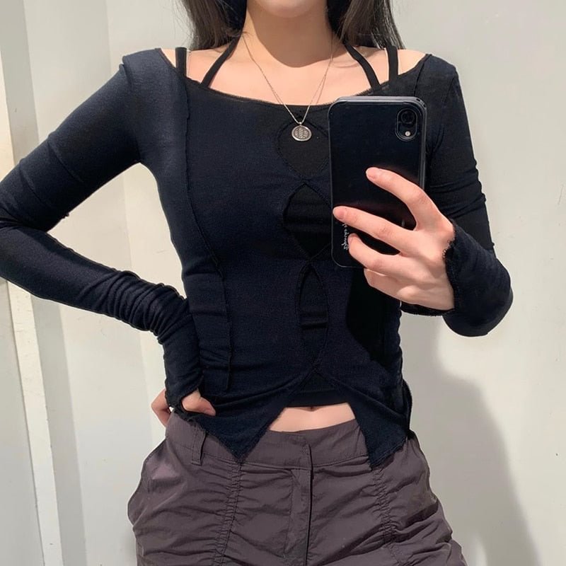 Wannathis Purple Top Women Long Sleeve Top Shirts 2020 Hollow Out Slit Hem Autumn Streetwear Slim Cotton Ladies Casual Patchwork