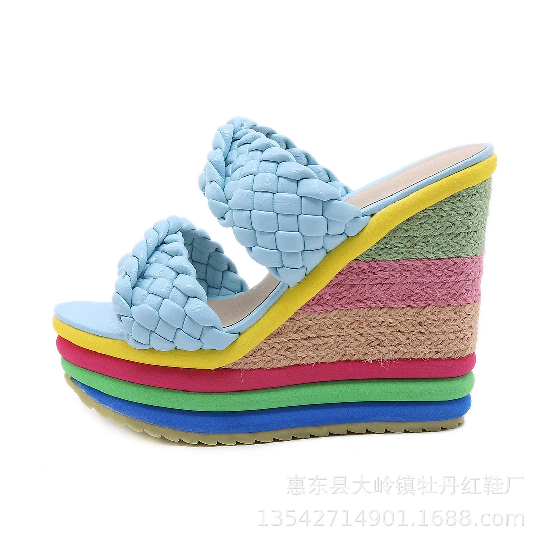 2021 Summer New Platform Wedge Sandals For Women's With Rainbow Color Weave Fish Mouth High Heels