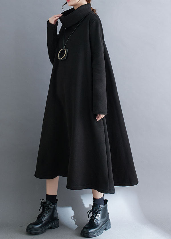 VCSHOES Loose Black Turtleneck Fleece Dress Long Dresses Long Sleeve