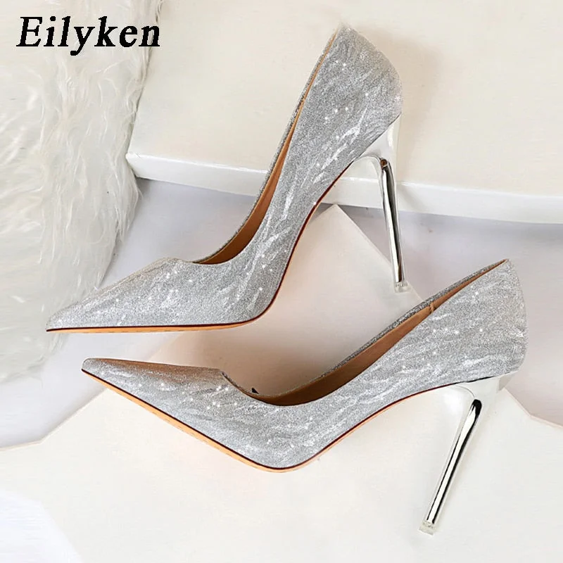 Eilyken Women Pumps High Heels Shoes Pointed Toe Female Shoes Glitter Woman Shoes Sexy Wedding Shoes Gold Silver Femme Pumps