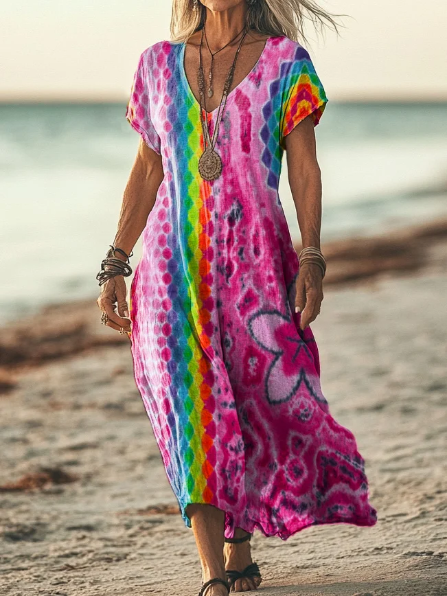 Women's Trippy Tie Dye Print Pocket Cotton Dress