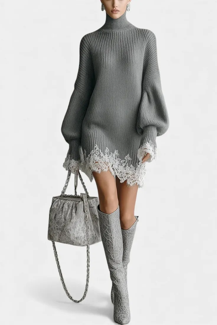High Neck Knit Dress with Lace Hem