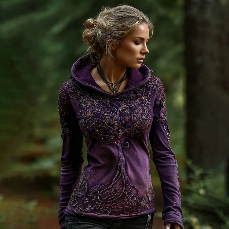 Women's Vintage Viking Tree Of Life Pattern Plush Hoodie