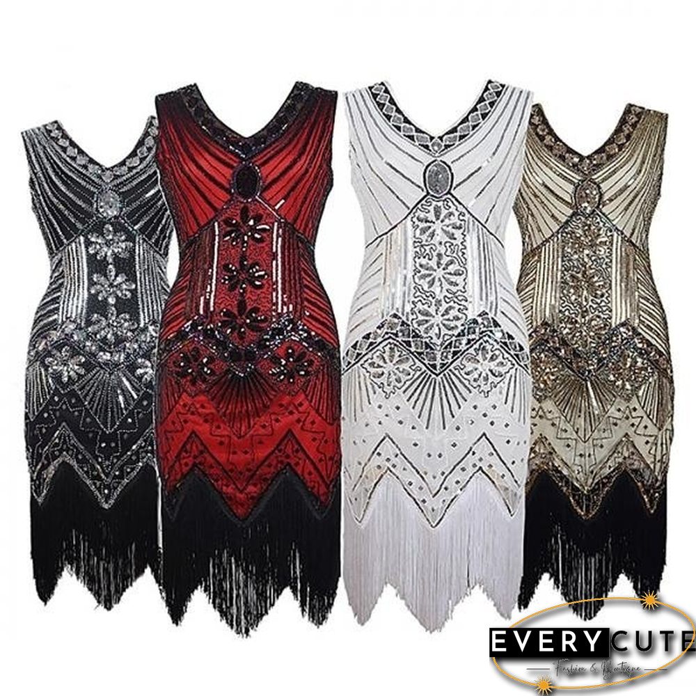 Vintage Dress Great Gatsby Dress 1920S Sequin Flapper Evening Dress Prom Tassel Hem Dress