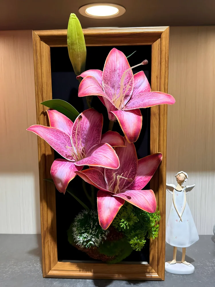 Fuchsia Lily Realistic Framed Flower Art (23*45cm) - 3D Artificial Flower Decoration for Living Room & Entryway