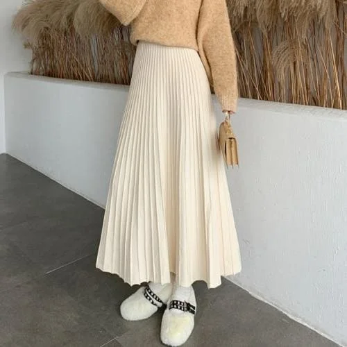 Elegant Solid Color Pleated Knitted Skirt 