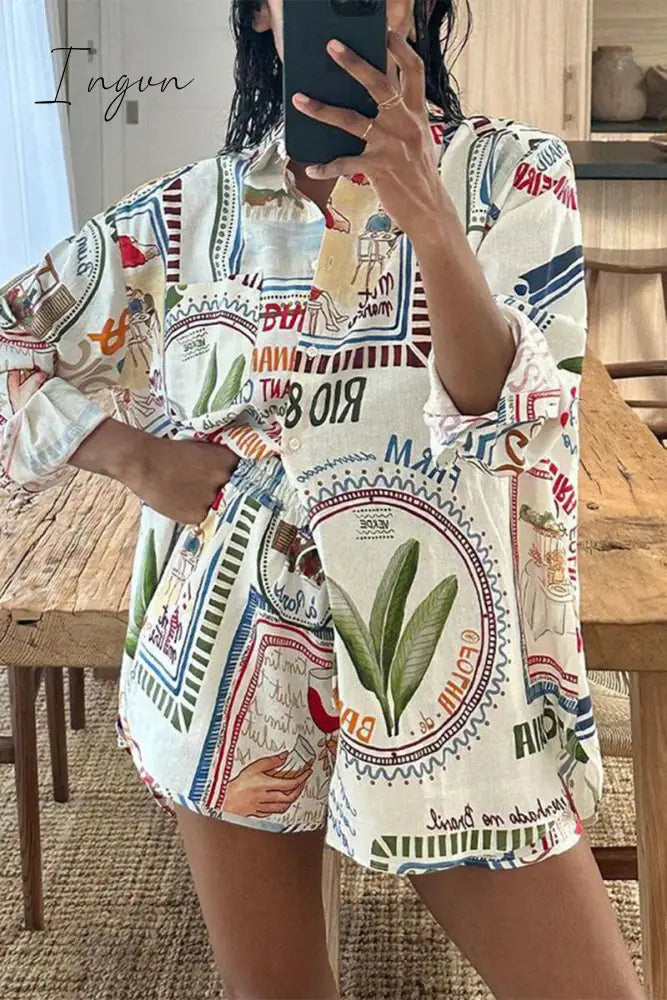Ingvn - Casual Print Patchwork Turndown Collar Long Sleeve Two Pieces Multicolor / S