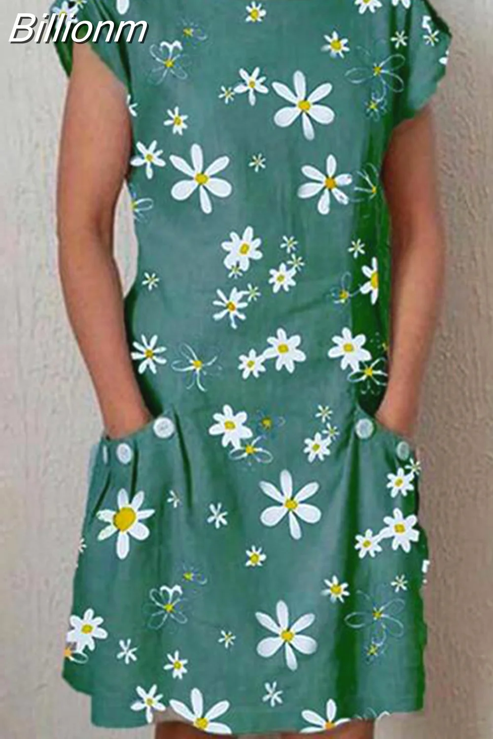 Billionm Color Button O Neck Cotton Linen Summer Dress Women Vintage Short Sleeve Pocket Knee Dress Casual Loose Plus Size Dresses