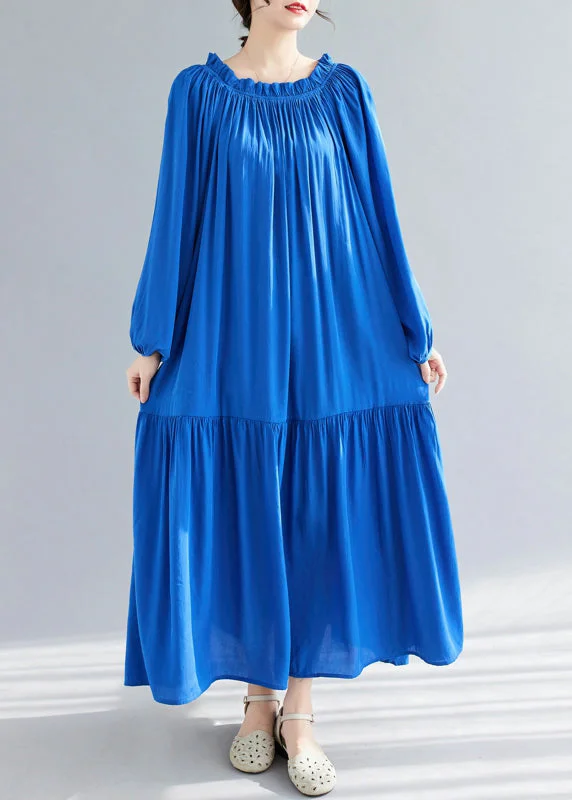 Blue O-Neck Ruffled Patchwork Chiffon Maxi Dress Spring