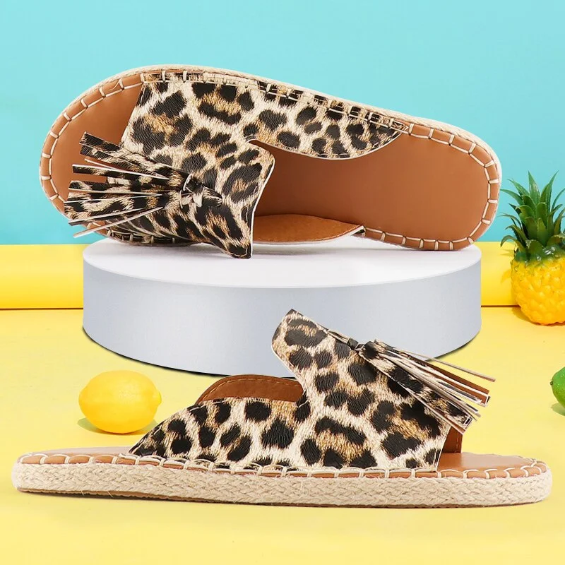 Flat Sandals women Fashion Fringe Designer Slides Summer shoes for Ladies Plus size 41 Female Handmade Shoes Holidays Leopard