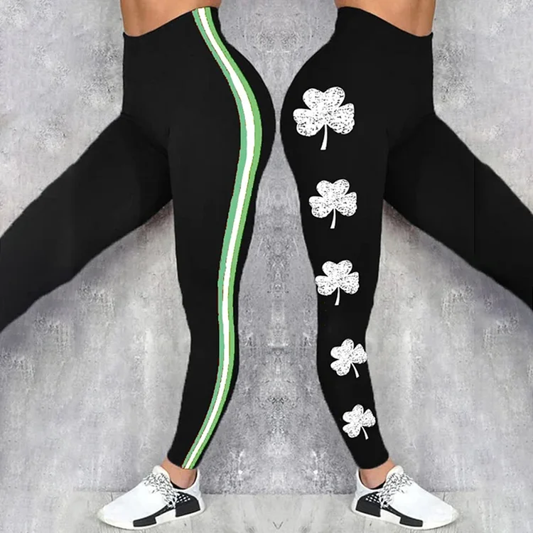 VChics Women's St Patrick's Day Side Stripe Shamrock Print Leggings