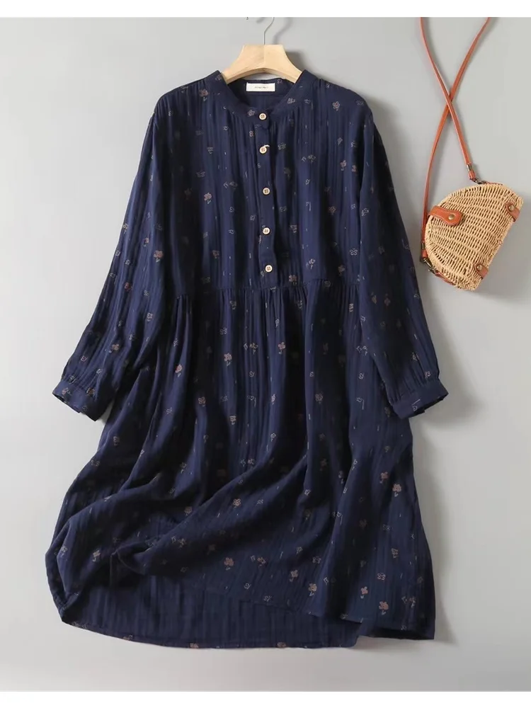 Wongn Colors-- Lamtrip Soft Cotton Yarn Stand Collar Long Sleeve Rustic Flowers Print Retro Middle Aged Women Dress