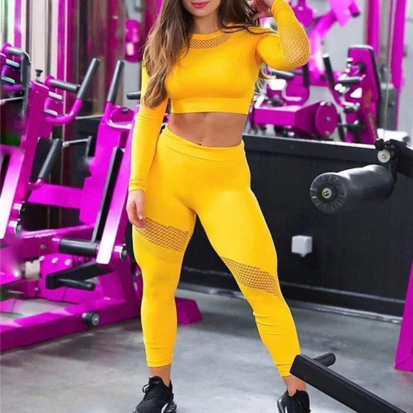 Women Gym Set 2 Piece Outfit Seamless Yoga Suit Active Wear Long Sleeved Crop Top Fitness Leggings Christmas Workout Clothes