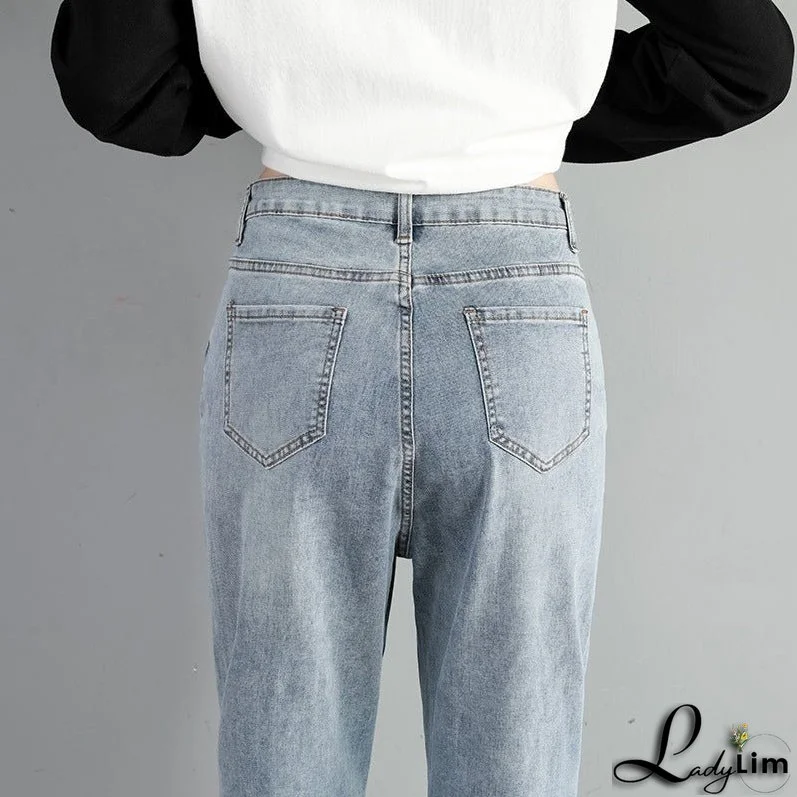 Women's Fashion Loose Straight High Waist Stretch Jeans