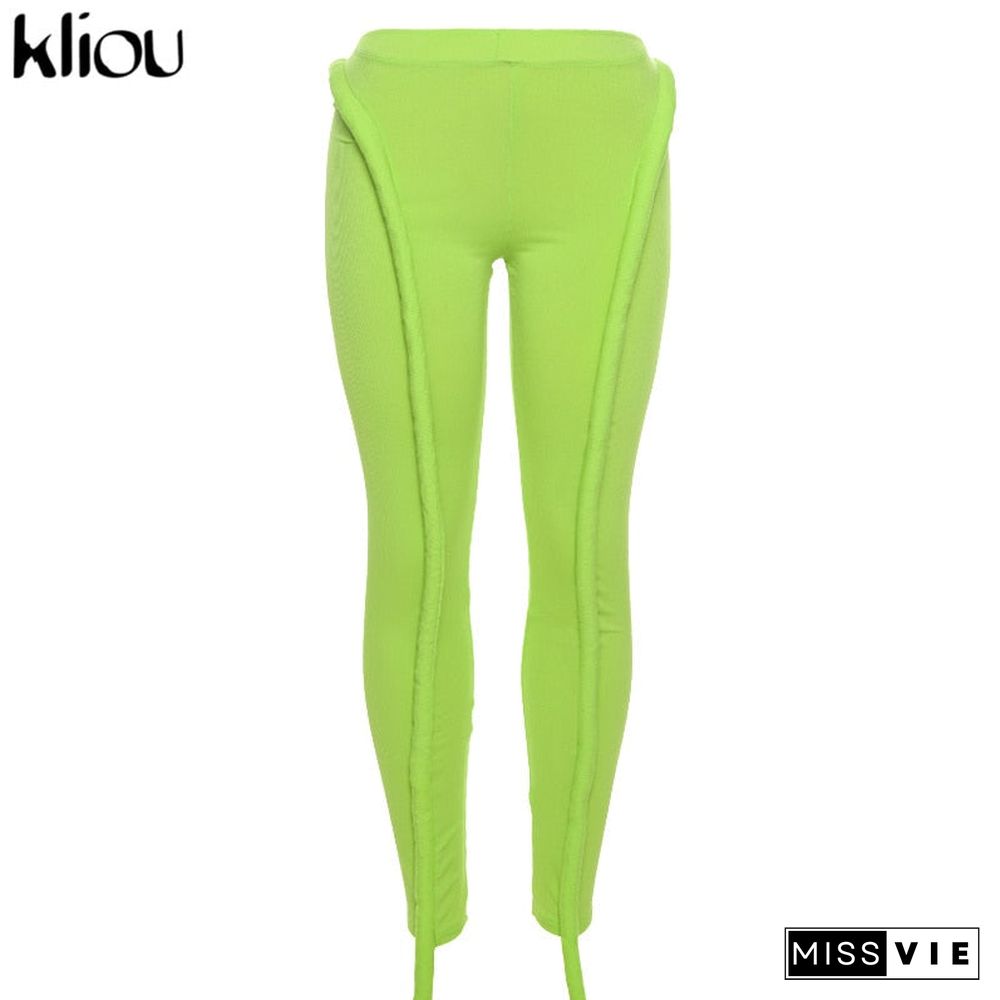 Kliou Solid Splicing Long Pants Women Summer Sexy Medium Waist Skinny Hipster Punk Street Midnight Style Streetwear Trousers
