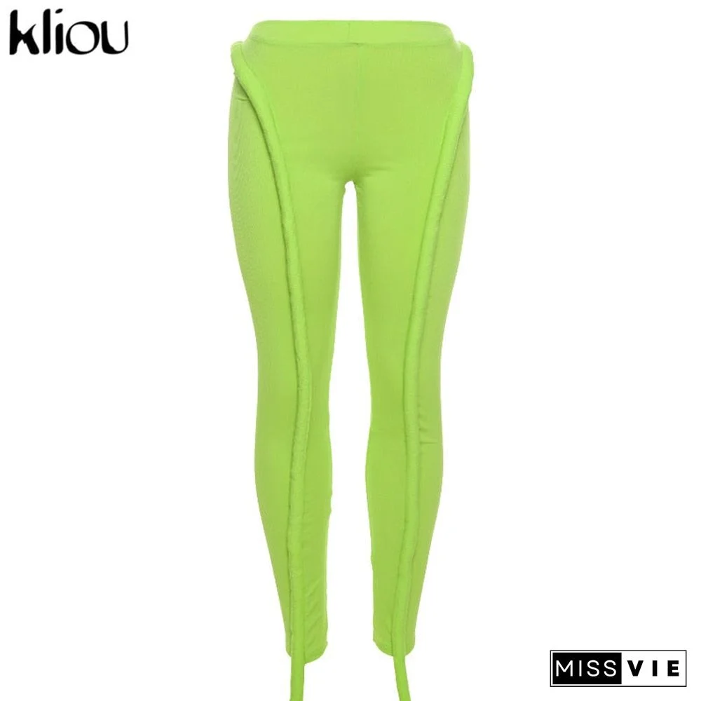 Kliou Solid Splicing Long Pants Women Summer Sexy Medium Waist Skinny Hipster Punk Street Midnight Style Streetwear Trousers