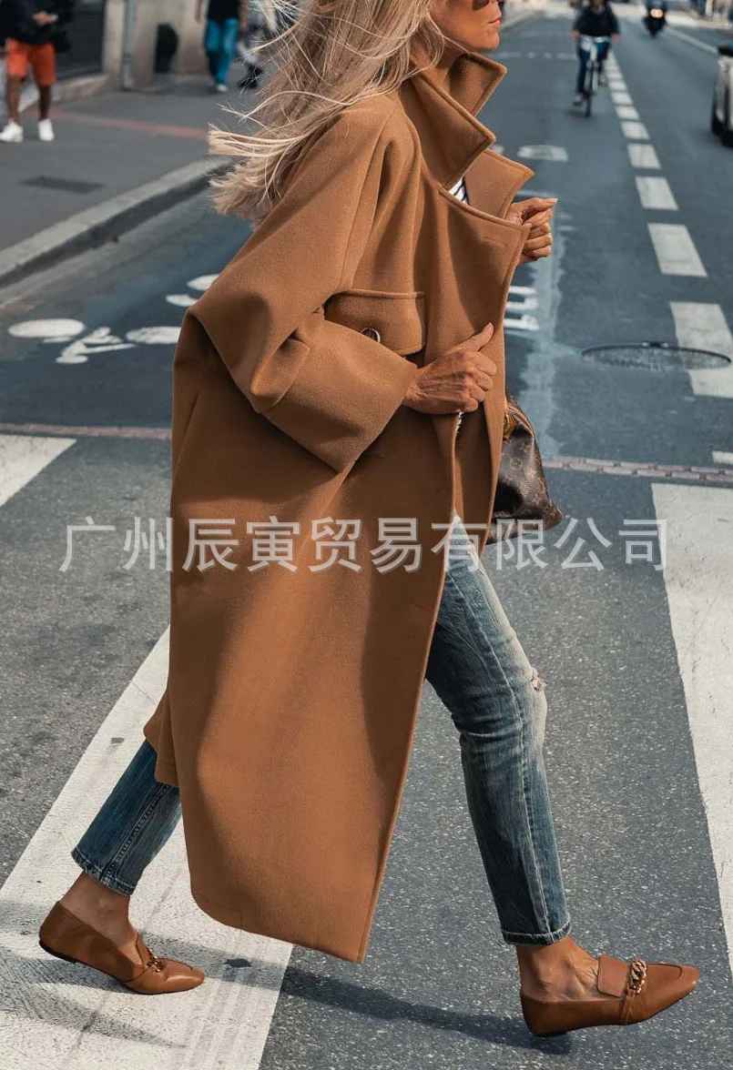 Toloer Ins Autumn And Winter Ladies Coat Woolen Super Long Loose Double Bag Lapel Simple Coat-Outfit Ideas