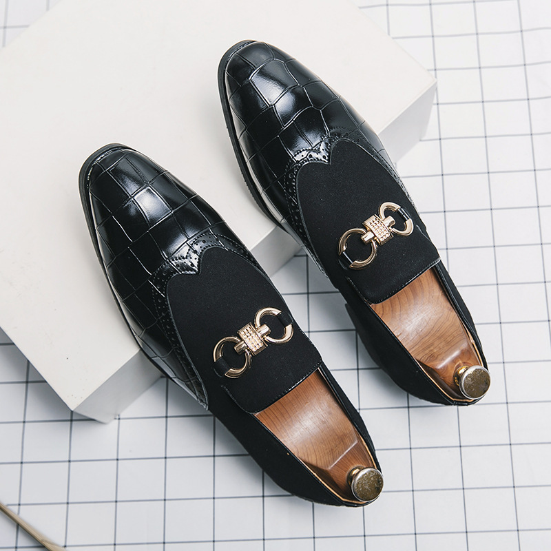 Men's Plaid Leather Patchwork Buckle Decor Slip On Pointed Toe Loafers Shoes