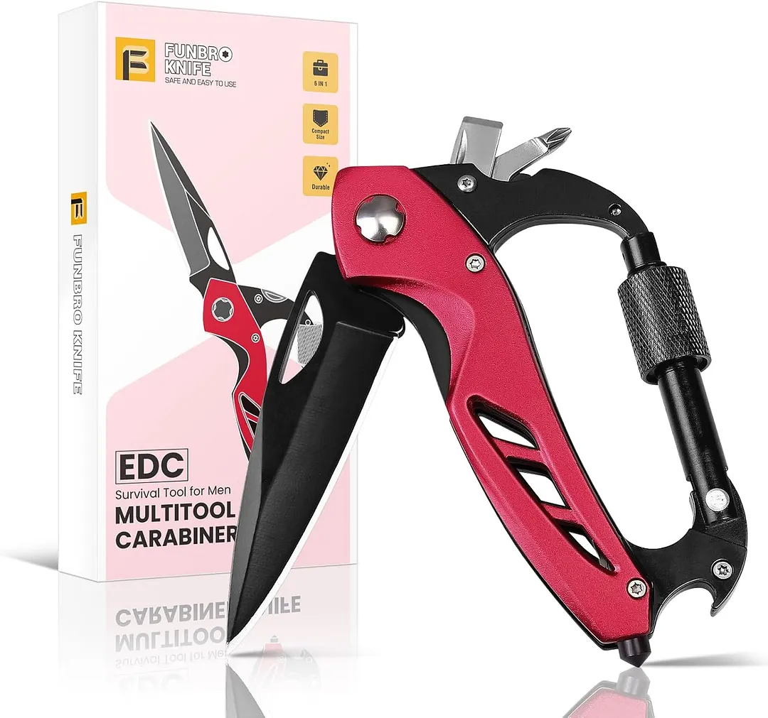 Multi-functional carabiner pocket knife, EDC (Everyday Carry) carabiner folding knife, bottle opener, window breaker, and screwdriver; camping survival gear.g Hiking