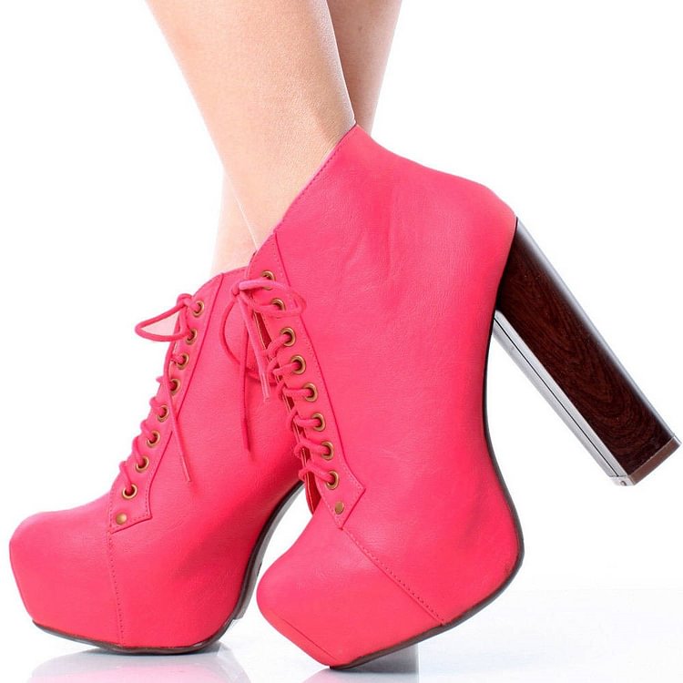 Women’s Fashion Coral Red Lace up Boots Chunky Heel Platform Boots |FSJ Shoes