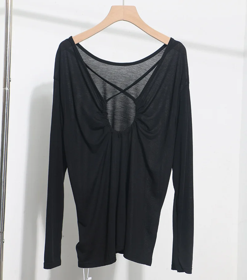 Brownm Real Shot Tiansi Mask Bare Back Long Sleeve Sunscreen Back Cross-Section Thin T-Shirt Shirt Top Woman 85830