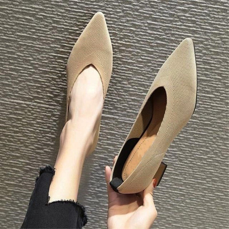 Women's V Mouth Stretchy Fabric Square Heel Pointy Toe Shoes, Apricot or Black