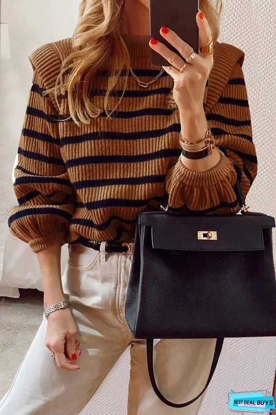 Long Lantern Sleeve Striped Ribbed Knit Pullover Top
