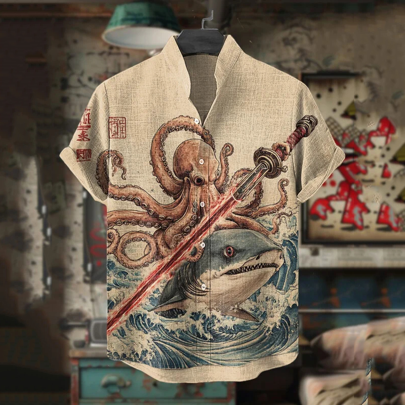 Men's Shark Octopus Holds A Laser Sword Art Print Short Sleeve Shirt