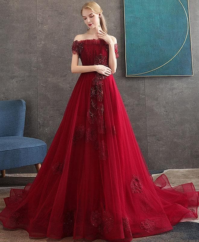 Burgundy Tulle Lace Long Prom Dress Burgundy Tulle Evening Dress A010