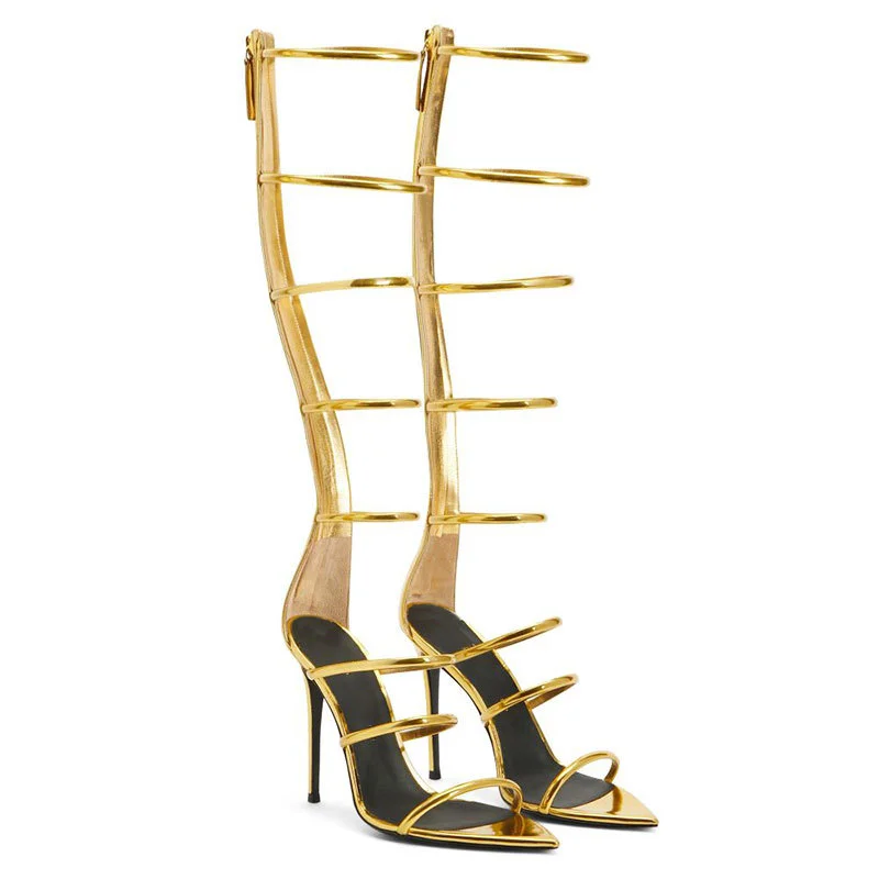 Novameme Women's Pointed-Toed Stiletto Ultra-High Metal Patent Leather Thin Strip Over-The-knee Sandals Boots