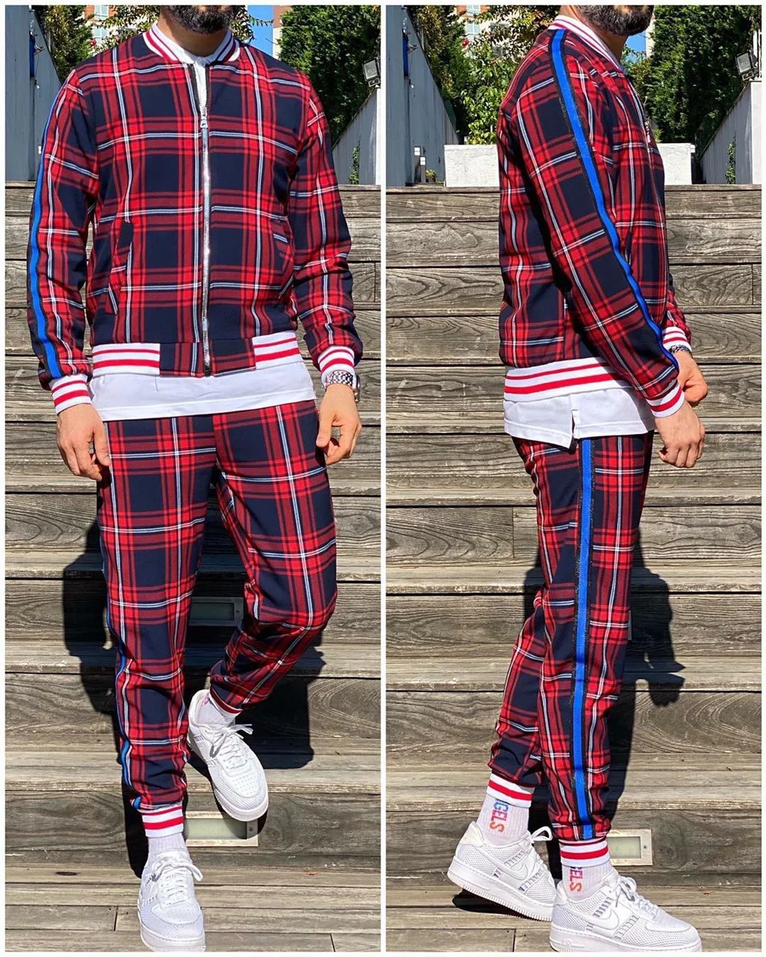 Men's 3D Plaid Casual Top Sweatshirt Pants Set