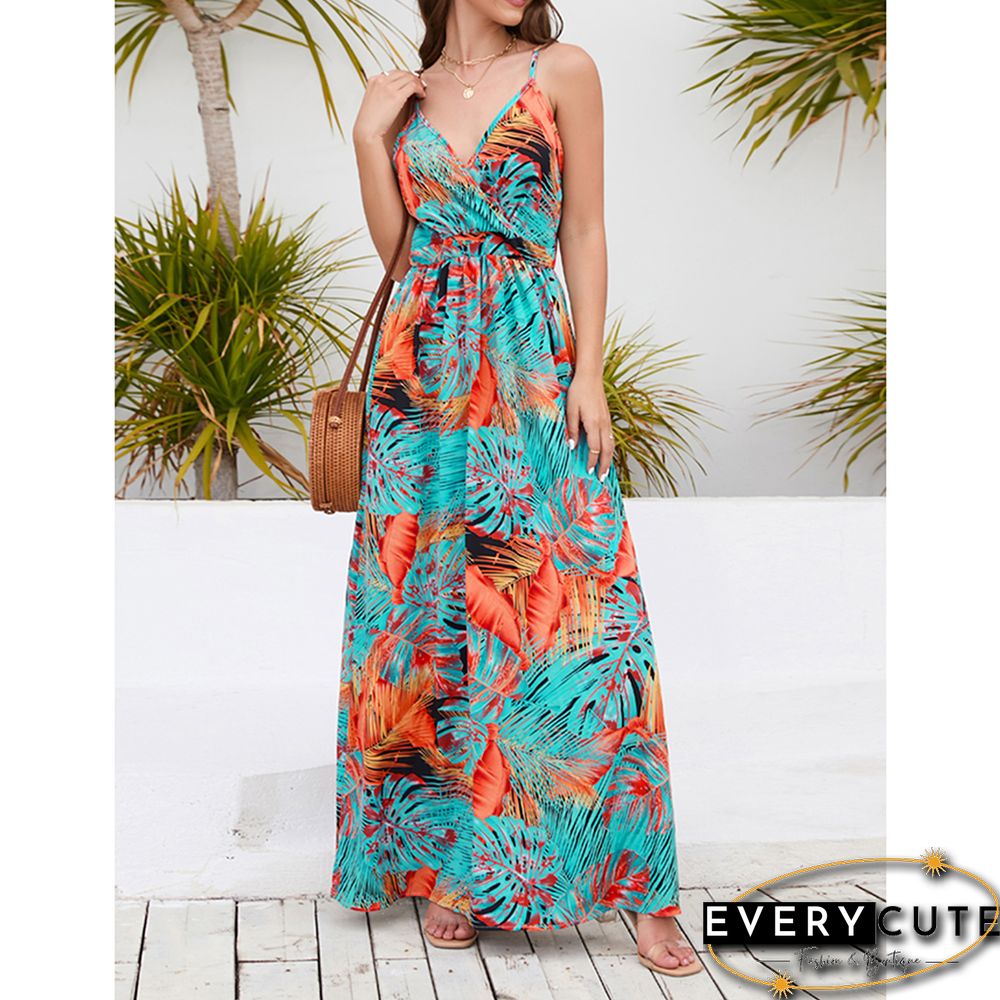 Orange Bohemia Print V Neck Maxi Dress