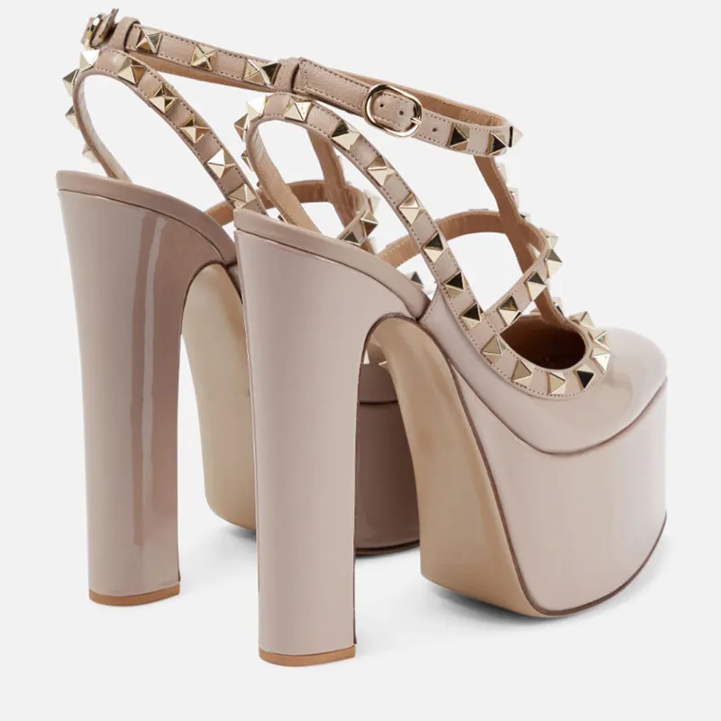 150mm thick heel round toe rivet patent leather thick platform sandals-vocosishoes