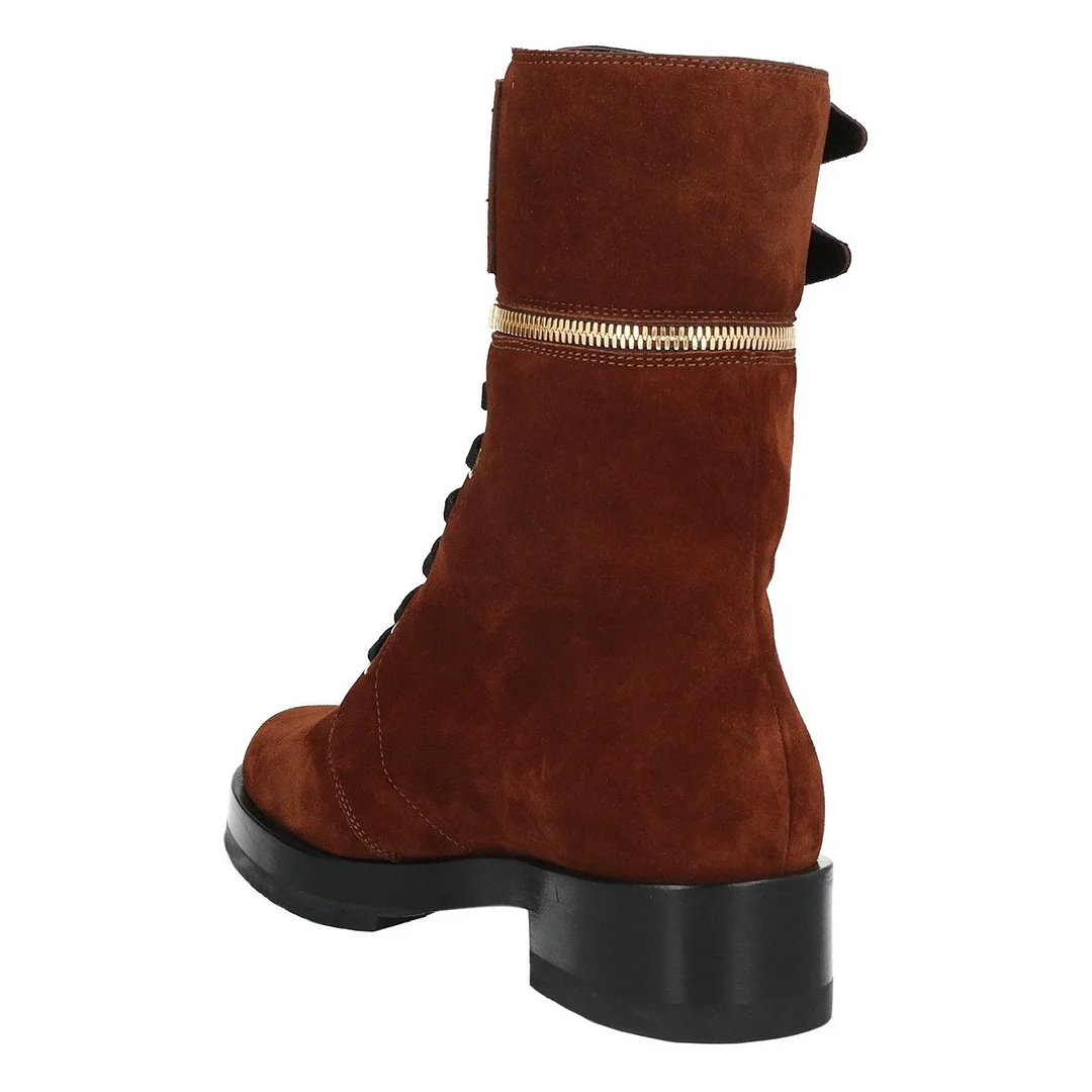 Brown Platform Low Block Heel Buckled Zipper Lace Up Booties for Women