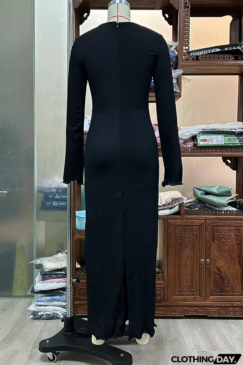 Sexy Solid Color Slit Flower Shape V Neck Long Sleeve Dresses