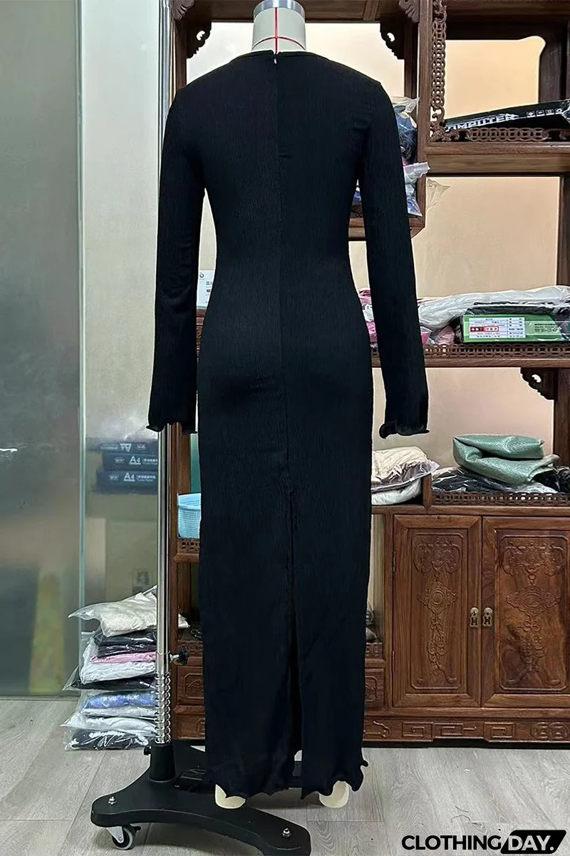 Sexy Solid Color Slit Flower Shape V Neck Long Sleeve Dresses