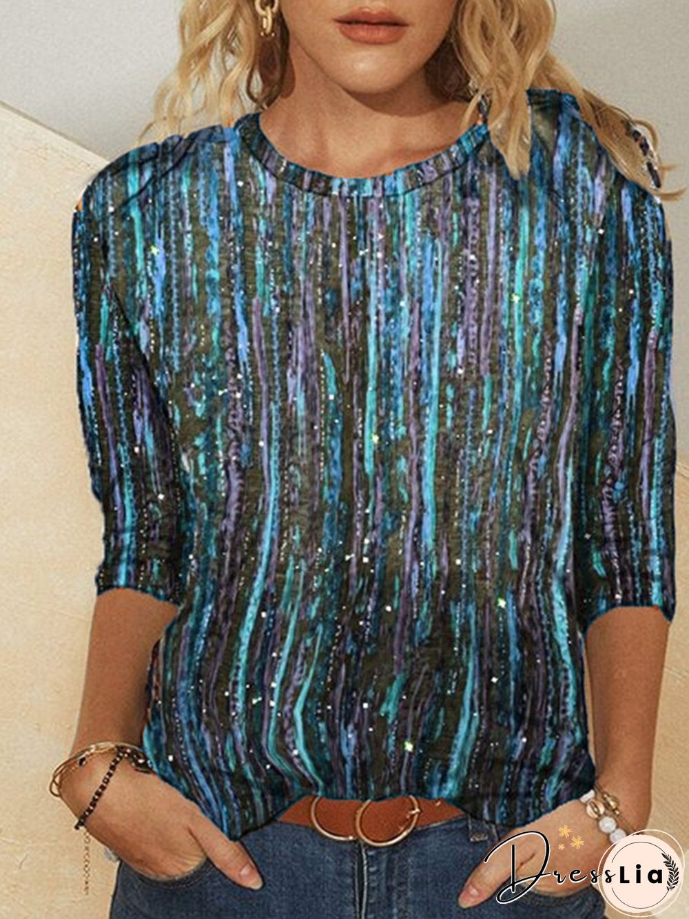 Striped Casual Cotton-Blend Long Sleeve T-shirt