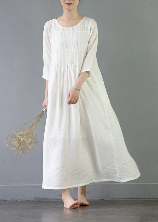 Organic White O Neck Wrinkled Patchwork Long Cotton Dress Spring