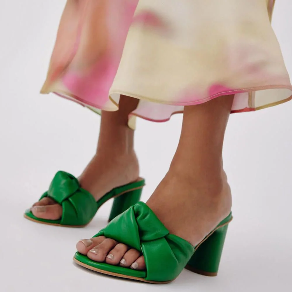 Green Pointed Toe High Heels Leather Open Toe Heels Chunky Heels Nicepairs
