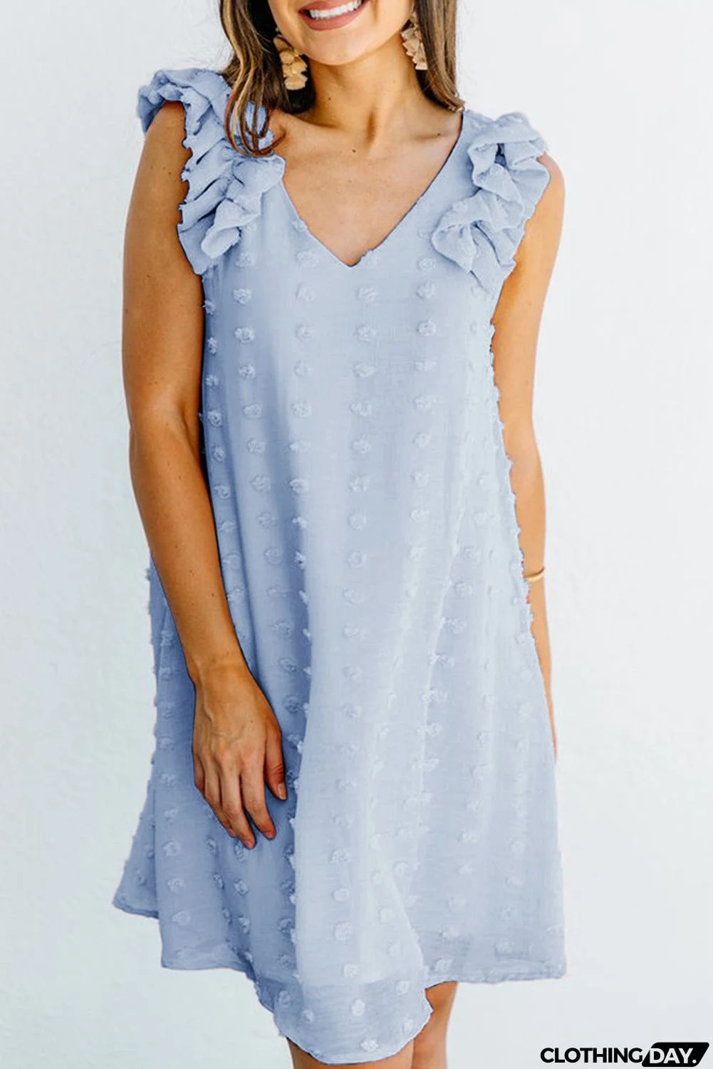 Swiss Dot V Neck Ruffled Sleeveless Mini Dress