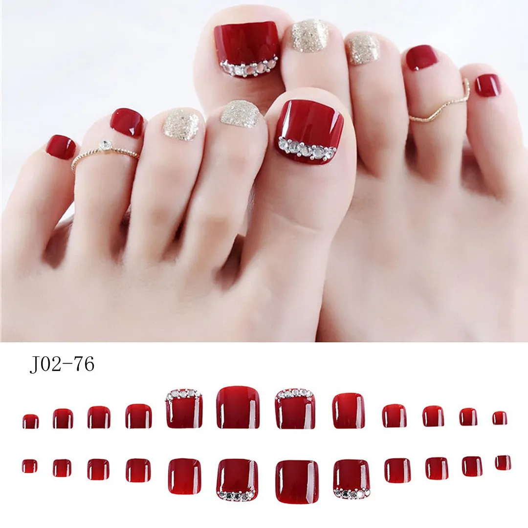 24pcs Luxury Full Fake Toe Nail Rhinestone False Nails Finished Manicure Flash Drill Wine Red Foot Nail Art for Summer Barefoot-Nail Inspo