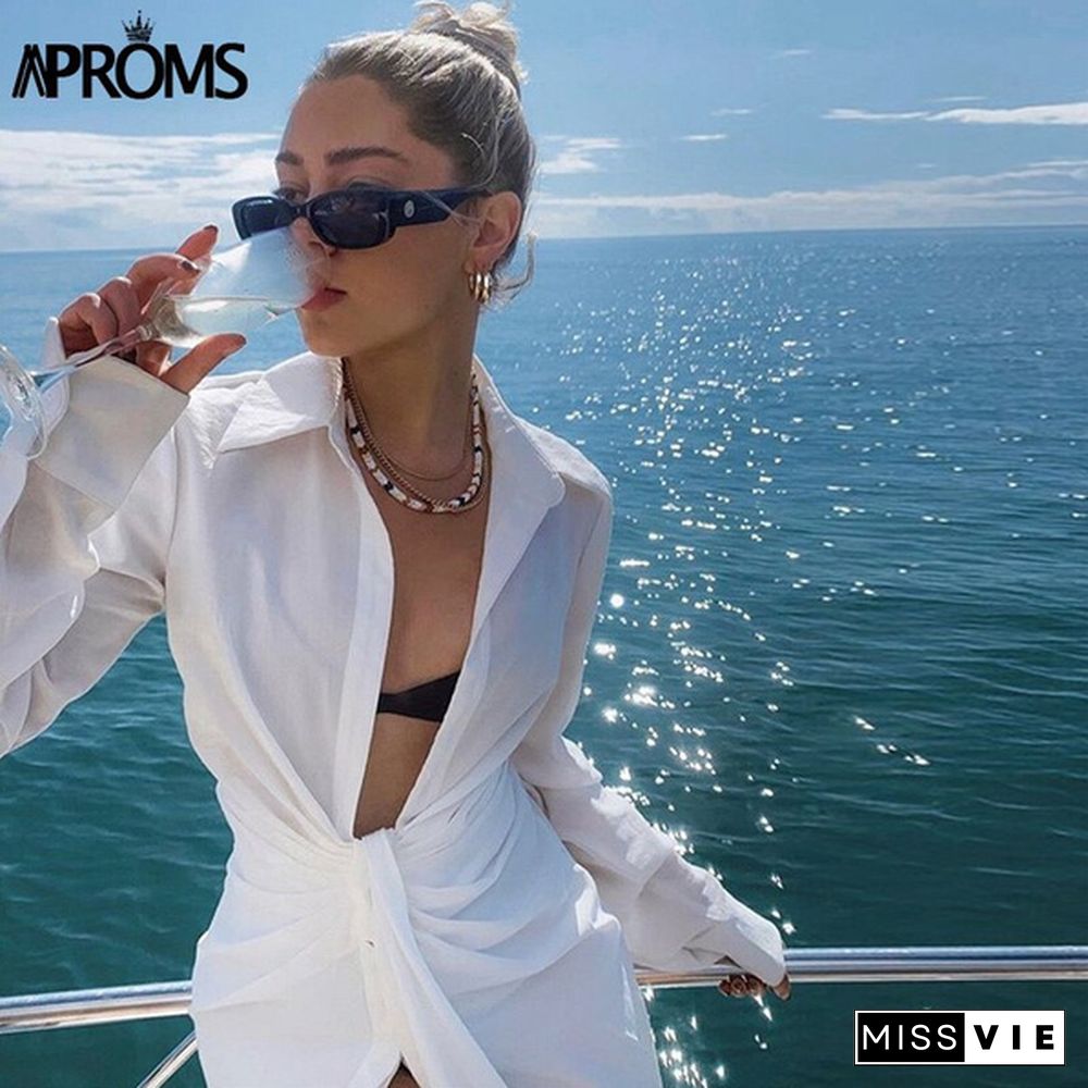 Elegant Deep V-neck White Shirt Dress Women Summer Sexy Waist Tie Mini Dresses Vocation Street Style Ruched Vestidos