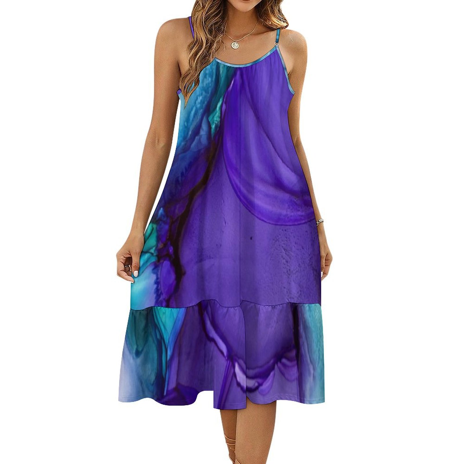Abstract Alcohol Ink Art Rich Teal Purple Women's Summer Midi Dress Casual Boho Sleeveless Spaghetti Strap Beach Dresses